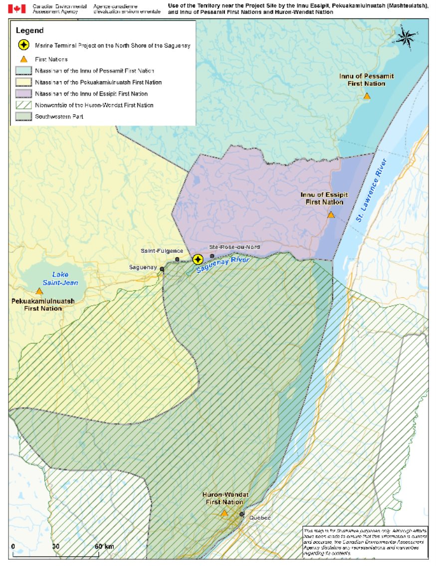 Figure 13: Use of the Territory near the Project Site by the Essipit Innu, Pekuakamiulnuatsh (Mashteuiatsh) and Pessamit First Nations and the Huron-Wendat Nation