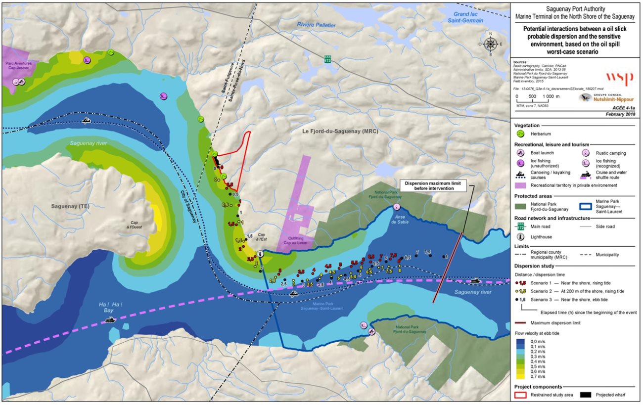 Figure 18: Potential interactions between the dispersal of an oil slick and the sensitive environments, according to the worst-case spill scenario